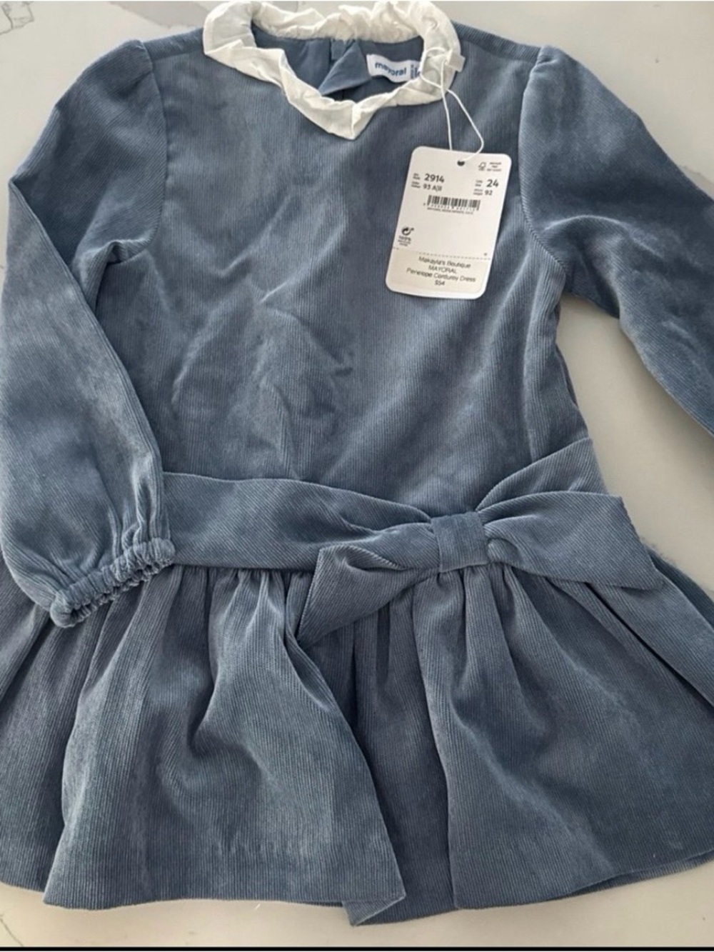 Mayoral Dusty Blue Corduroy Dress with Waist Bow